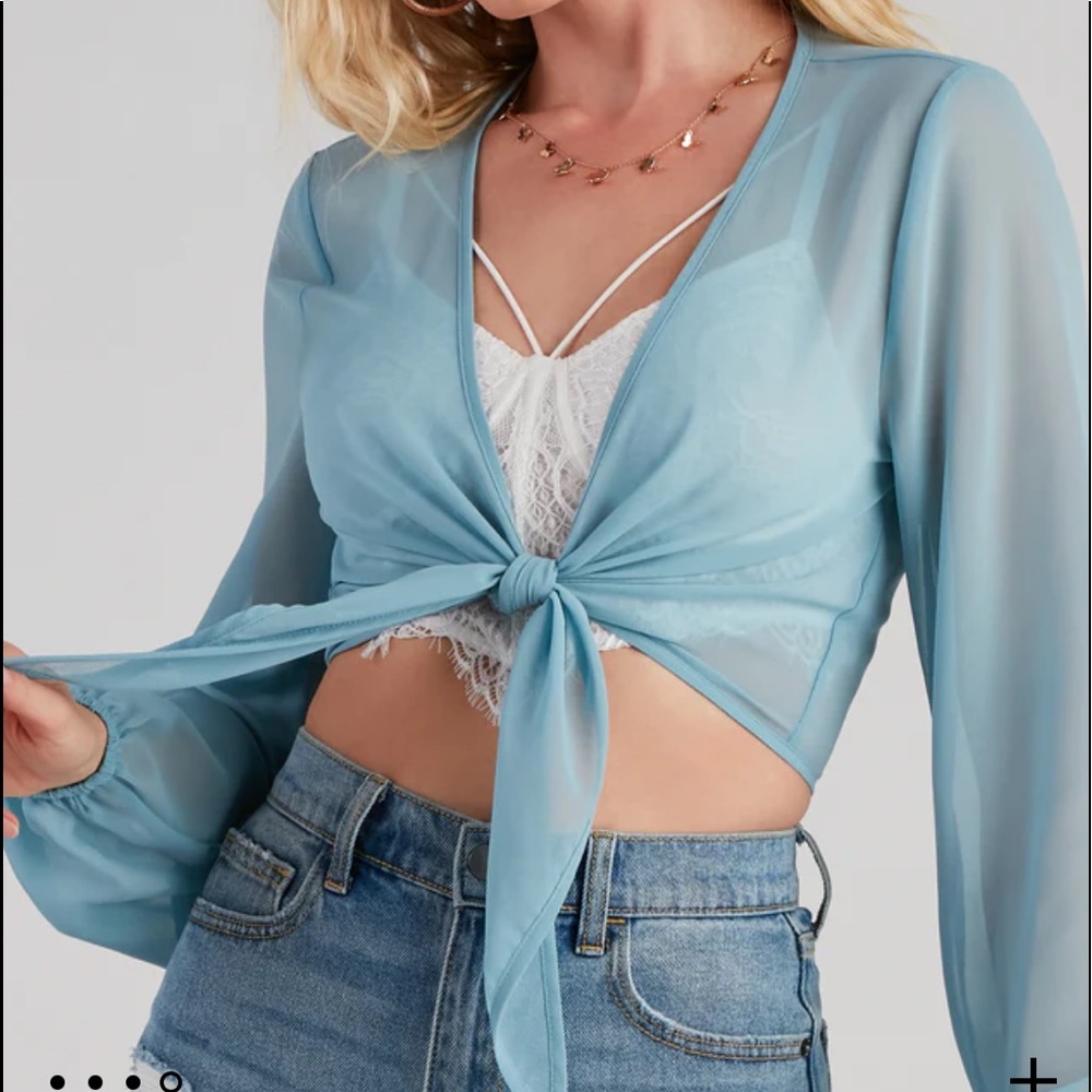 SHEER Slate Blue Chaser Tie-Front Top
